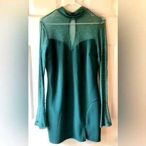Crystal Doll Emerald Green Clear Rhinestone Mesh Top Flared Sleeve Dress Small ?